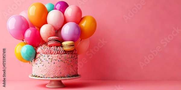 Fototapeta Pink Birthday Cake with Macarons and Colorful Balloons on Solid Background