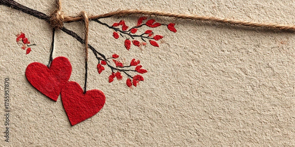Obraz Two Red Felt Hearts Hanging from a Drawn Branch on a Textured Paper Background