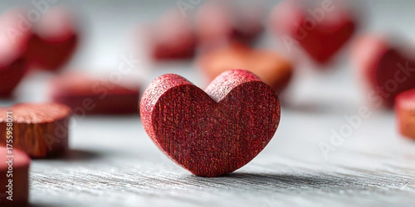 Obraz Close-up of a Textured Red Heart Standing Among Scattered Wooden Hearts