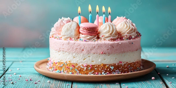 Fototapeta Layered Birthday Cake with Lit Candles, Whipped Cream, Macarons on Rustic Wood