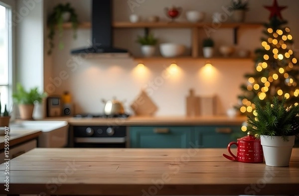 Obraz Empty table in the kitchen for presentation. Christmas decor. High quality photo