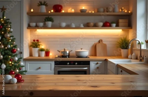 Fototapeta Empty table in the kitchen for presentation. Christmas decor. High quality photo