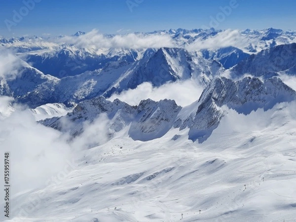 Fototapeta Snow covered mountain top in Austria. View of the Alps from the Zugspitze, the highest mountain in Germany