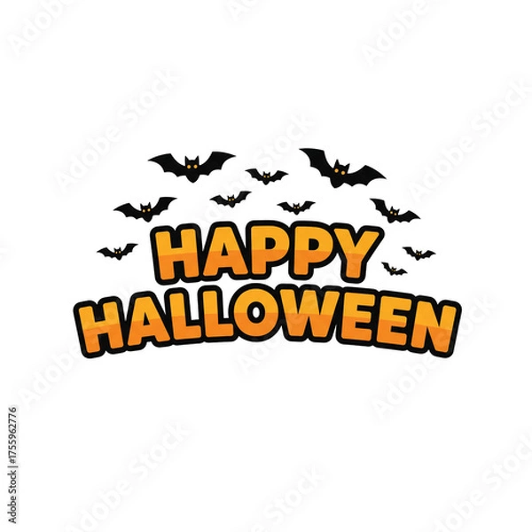 Fototapeta Happy Halloween Typography with Flying Bats, Orange Font, and Festive Black Outline

