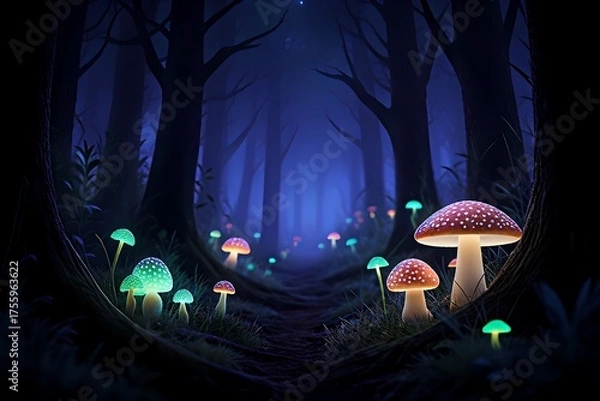 Fototapeta Enchanted Forest with Bioluminescent Mushrooms at Night