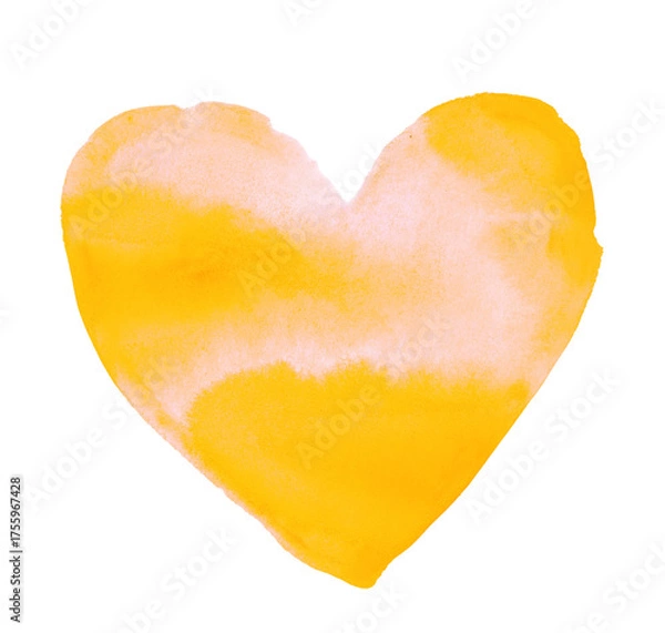 Fototapeta Cœur jaune peint à la main à l’aquarelle, texture papier et traces de pinceau visibles / Hand-painted yellow watercolor heart with visible brush strokes and paper texture