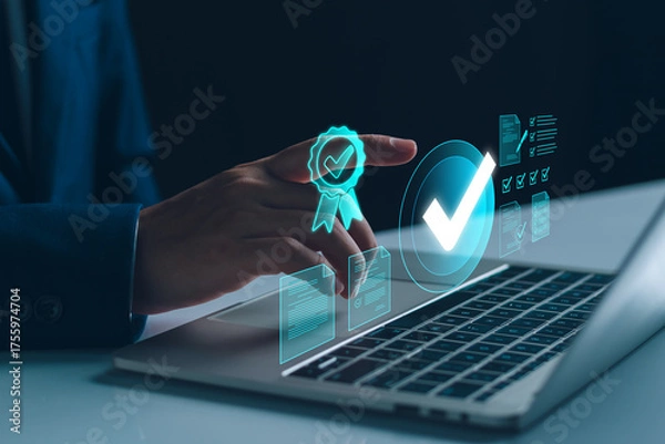 Fototapeta Digital checklist for business certification and quality assurance, survey report, technology verification processes with performance audits and system control for improved standards compliance