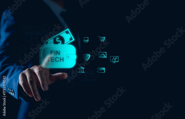 Fototapeta FinTech, Financial technology, Digital payment concept, AI, banking economy and money. Businessman with online payment, finance investment tech.