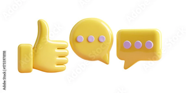 Obraz Yellow 3d thumbs up and speech bubbles on black background