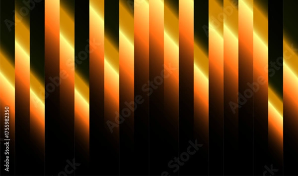 Fototapeta Black background with diagonal orange and yellow gradient stripes. Iridescent bars create a festive tinsel-like effect, glowing with a holographic, celebratory mood.
