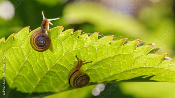 Fototapeta Close-up of a two snail crawling below a green leaf illuminated in sun rays, showcasing nature's beauty and detail in a macro shot.