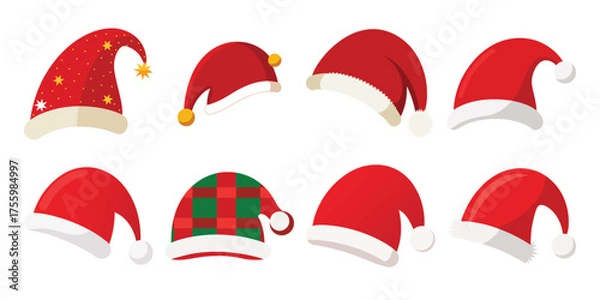 Fototapeta Festive Hats Galore: A vibrant collection of Christmas hats in various designs and styles. This image perfectly captures the spirit of the season