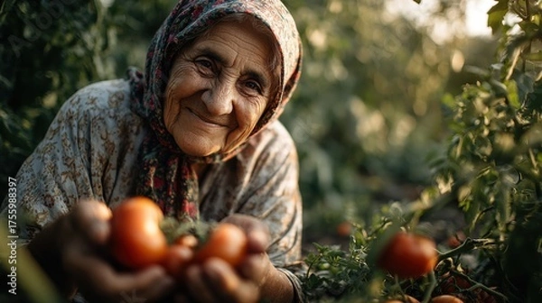 Obraz Photorealistic, warm and nostalgic photo of an elderly Turkish grandmother with a warm, wrinkled smile, harvesting fresh, sun-kissed tomatoes from her lush organic garden.