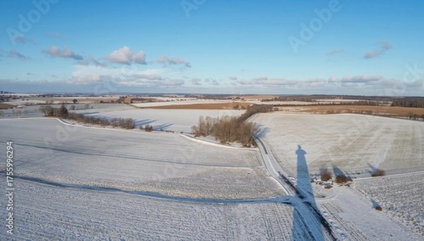 Fototapeta Bird's-Eye Perspective of Frost-Covered Farmland. Seasonal Agricultural Scenery.