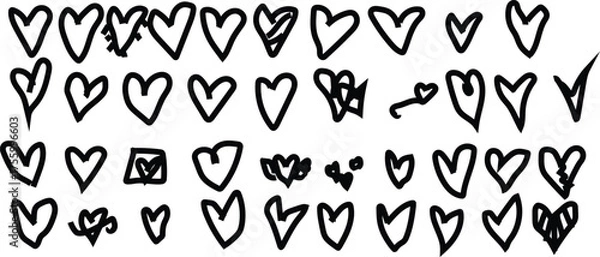 Fototapeta Collection of hand drawn black hearts and check mark