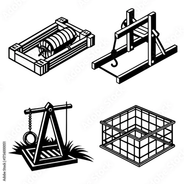 Obraz Collection of isometric medieval siege weapons and tools including a catapult a crane a ballista and a cage