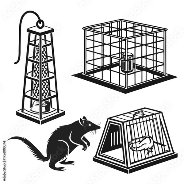 Obraz Collection of pest control devices including a rat trap a bird cage and a mosquito trap presented in a clean graphic illustration style