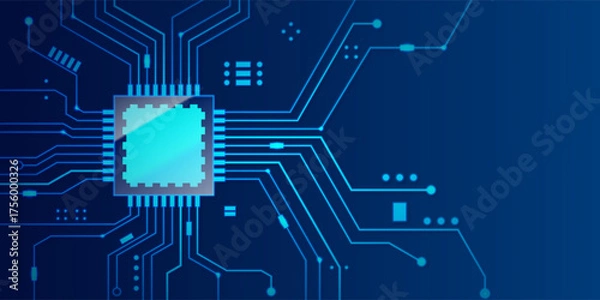 Obraz Microchip processor banner with blue background. Vector Illustration