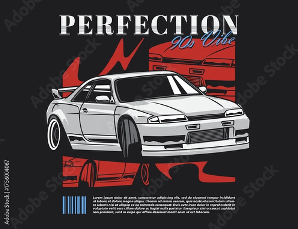 Fototapeta street style 90s graphic image with Japanese car and background illustration