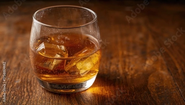 Fototapeta Detailed shot of a whiskey glass filled with ice on a rustic wooden surface