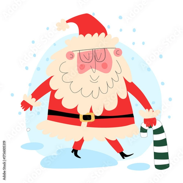 Fototapeta Vector image of a cute Santa Claus with a cup of warm tea walking through the snow, holding a donut in his hands. Santa Claus is climbing out of a gift box. Santa Claus is carrying gifts.