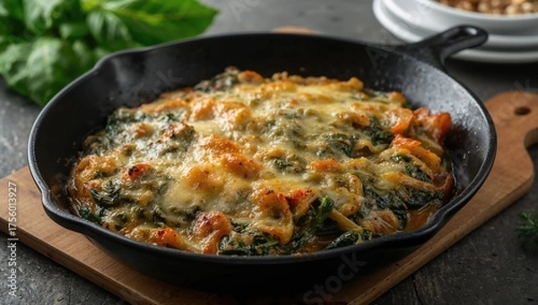 Fototapeta Delicious cheesy spinach casserole with a golden crust