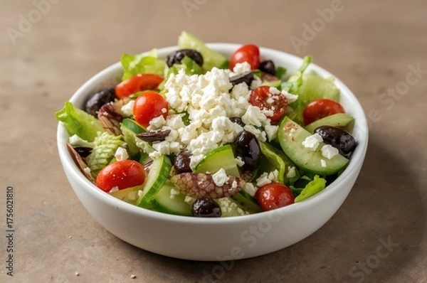 Fototapeta Fresh vegetable bowl featuring tomato and Greek-style salad