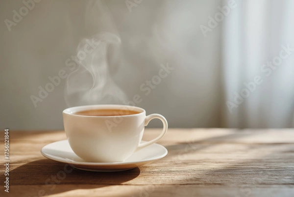 Fototapeta 湯気が立ちのぼる温かい紅茶のカップと朝の光