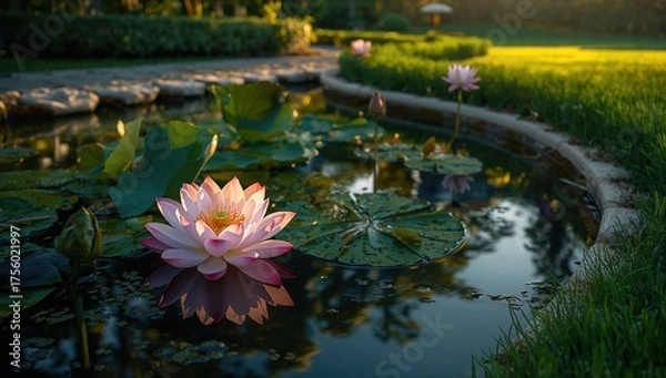 Fototapeta A stunning photo featuring a lotus blossom in a tranquil pond surrounded by lush greenery