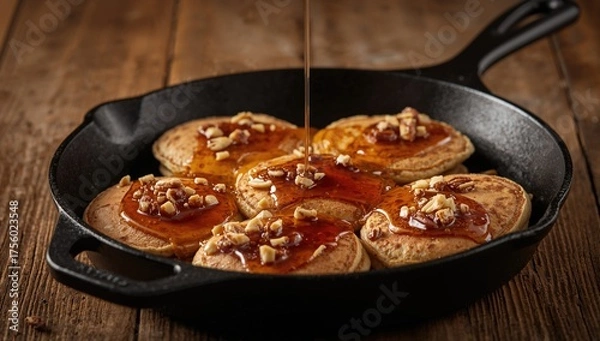Obraz Morning meal featuring pancakes topped with maple syrup and nuts served in a cast iron pan on a wooden surface. Focused detail.
