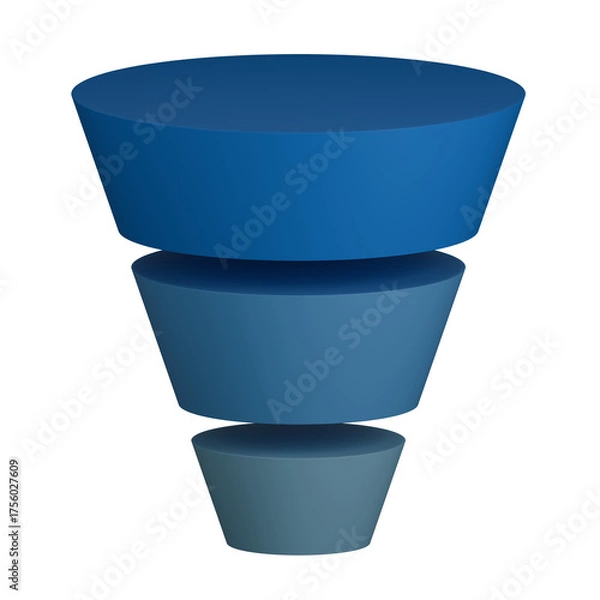 Obraz 3D blue funnel chart element representing sales and marketing process or business conversion stages transparent background isolated render