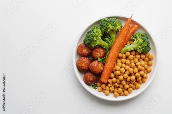 Fototapeta Nutritious meal featuring broccoli, carrots, and chickpeas arranged on a plate, viewed from above against a white backdrop with space for text