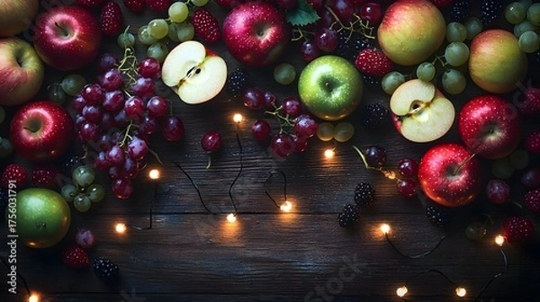 Obraz Fresh Colorful Fruits Surrounding Fairy Lights on Wooden Table