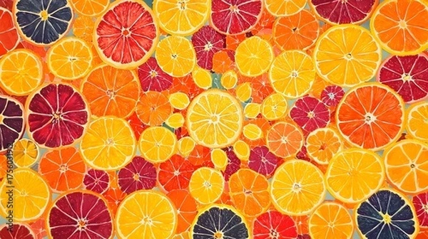 Obraz Colorful Citrus Fruit Slices in Vibrant Patterns on Trendy Background