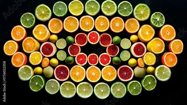 Obraz Vibrant Display of Fresh Citrus Fruits in Vivid Colors on Black Background
