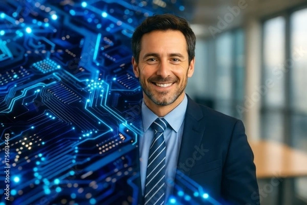 Fototapeta Smiling businessman with a circuit board background representing technology