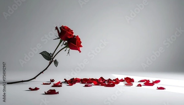 Obraz Two roses lean, petals scattered. White background. Use as love, death concept