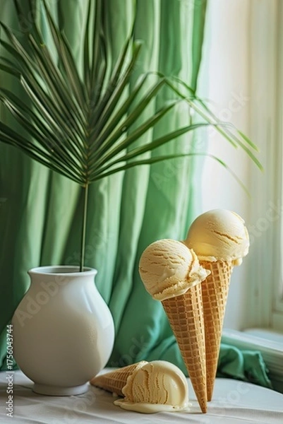 Obraz Vanilla ice cream cones near plant at window, dessert ad for summer food concept