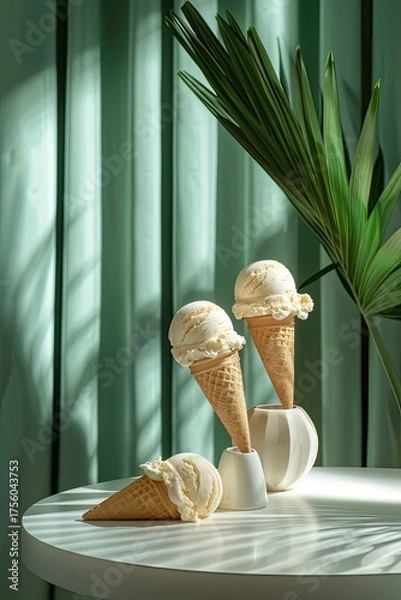 Obraz Vanilla ice cream cones stacked on table with plant/curtain, product shot
