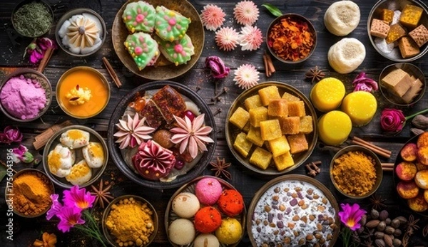Obraz Variety Indian sweets arranged on table for Diwali, flowers decorations at backdrop