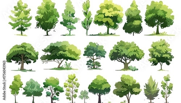 Obraz Various stylized trees, foliage collection, isolated on white. Design material