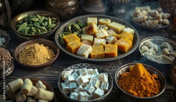 Obraz Various spices displayed on dishes with food ingredients in a rustic kitchen