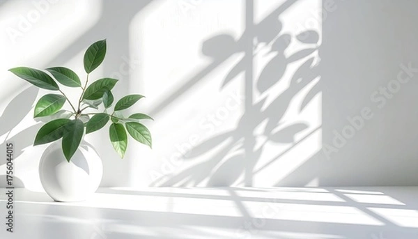 Obraz Vase with plant, light on wall. Interior design. Background mockup. Home decor