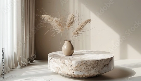 Obraz Vase with reeds on a stone coffee table in a bright minimalist room; home decor