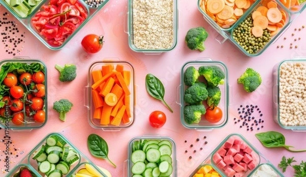 Obraz Vegetables prepped, organized in containers, colorful background. Food blog use