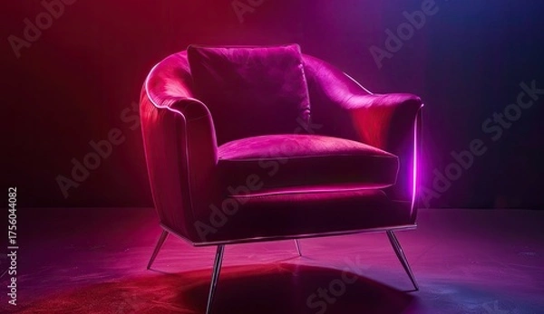 Obraz Velvet armchair in studio with colored light interior design, product presentation