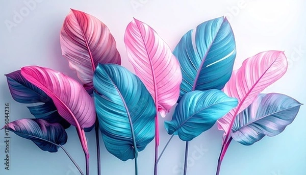 Obraz Vibrant botanical foliage display, pink and blue tones against a gradient wall