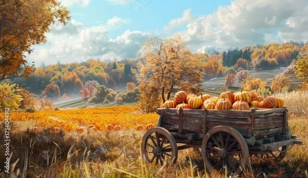 Obraz Wagon Filled with Pumpkins, Autumn Field Harvest with Trees Backdrop. Stock photo