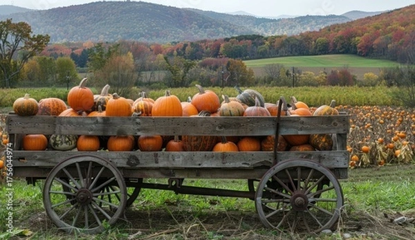 Obraz Wagon Full of Pumpkins in Field With Autumn Color Hills for Fall Promotion