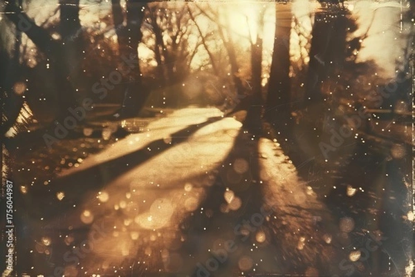 Obraz Walking trail with sunlight filtering trees, bokeh effect, golden aesthetic background